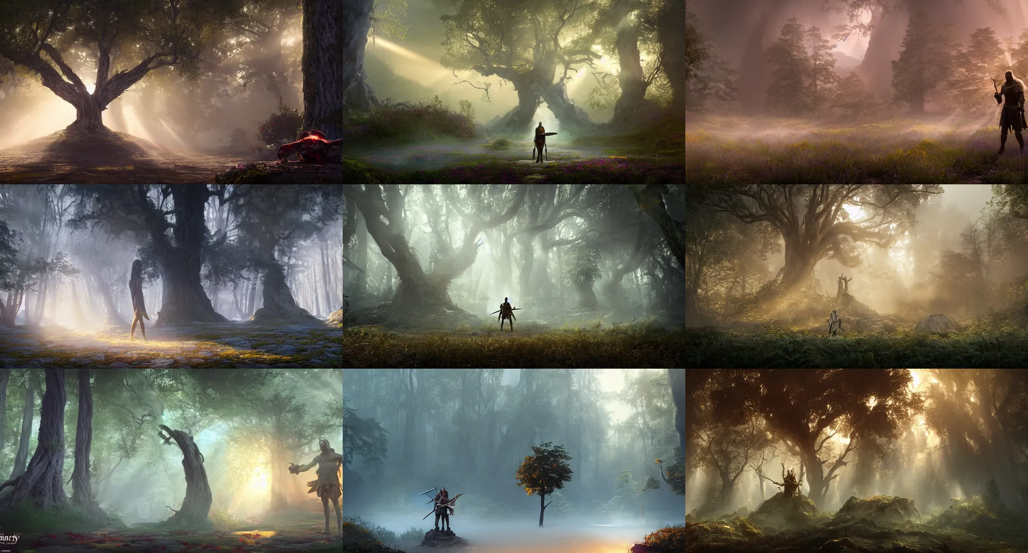 Prompt: a mirrored portrait of a legendary warrior in front of a mystical overgrown ancient landscape with a gateway to hell in a haunted burning forest rays of light 4k digital art unreal engine trending on artstation pearly flagstones, giant trees, god rays, bloom, volumetric fog, moody ambiance, cinematic lighting, twilight, sunset, rose and lavender and amber tones, Maxfield Parrish, Brom, Caravaggio, Da Vinci, Rubens, fantasy character, portfolio illustration, highly detailed, trending on Artstation, CGsociety, HQ, 8k, 35mm lens, f2.8, Bokeh,