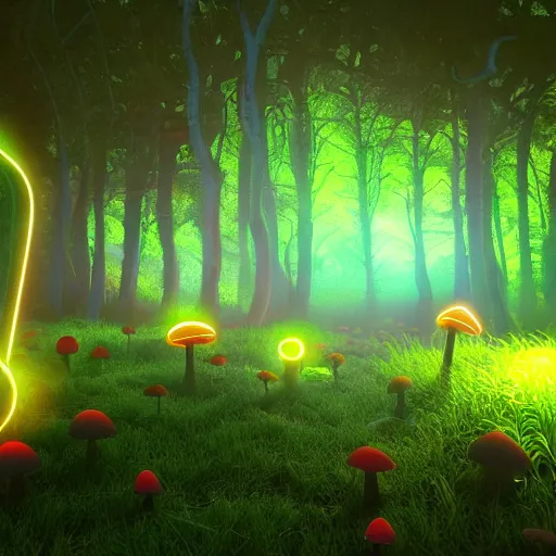 Image similar to A realistic strange neon lanscape, realistic, 4k resolution, detailled, realistic shaders, neon mushrooms, mushrooms particles, painting, forests, strange neon plants, realistic, detailled.