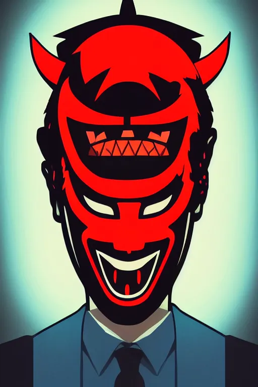 Image similar to guy with japan devil mask, pop art, pixel, gta vice city style, glowing lights, face features, ultrarealistic details, digital painting, trending artstation, concept art, smooth, sharp focus, illustration, intecration details, art by mark millar and richard hamilton and mimmo rottela, kirokaze and paul robertson