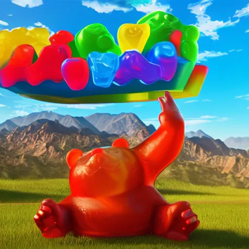 Prompt: promotional movie still life - size gummi bears, big, melting in the arizona sun in the largest frying pan in the world. 3 d, digital art, octane 3 d render, ue 5, cinematic, imax 7 0 mm, product lighting, dramatic lighting. concept art.