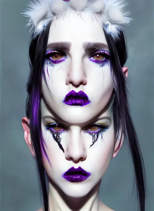 Prompt: whitebangs, black hair, black cyberlox, portrait of white teenage girl, normal face, white bangs, fluffy bangs, cyberlox, whitebangs, red contact lenses, purple lipstick, intricate, elegant, highly detailed, digital painting, artstation, concept art, sharp focus, smooth, illustration, art by wlop, mars ravelo and greg rutkowski