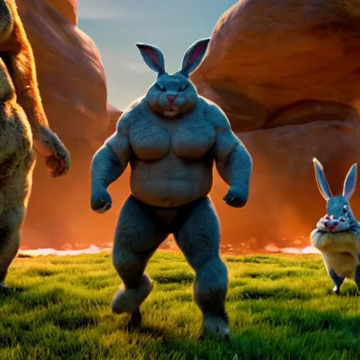 Prompt: film still of dwayne johnson as a large rabbit dwayne johnson hybrid in the movie big chungus returns. photographic, photography.