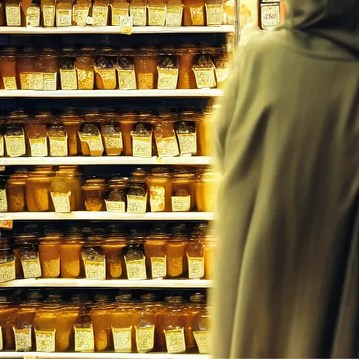 Image similar to a shady, veiled figure buying a jar of delicious honey in a store, ominous atmosphere