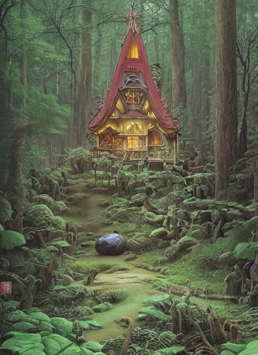 Image similar to hyper realistic witch cottage japanese shrine in the woods gorgeous lighting, highly detailed, lush forest painting by zdzisław beksinski and norman rockwell and greg rutkowskiweta studio, and lucasfilm