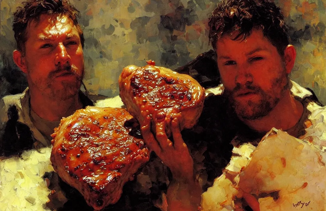 Image similar to a pork chop!!!!!!!!!!!!!!!!!!!!!!!!!!!, detailed face, detailed painting, epic lighting, by ilya repin, phil hale and kent williams