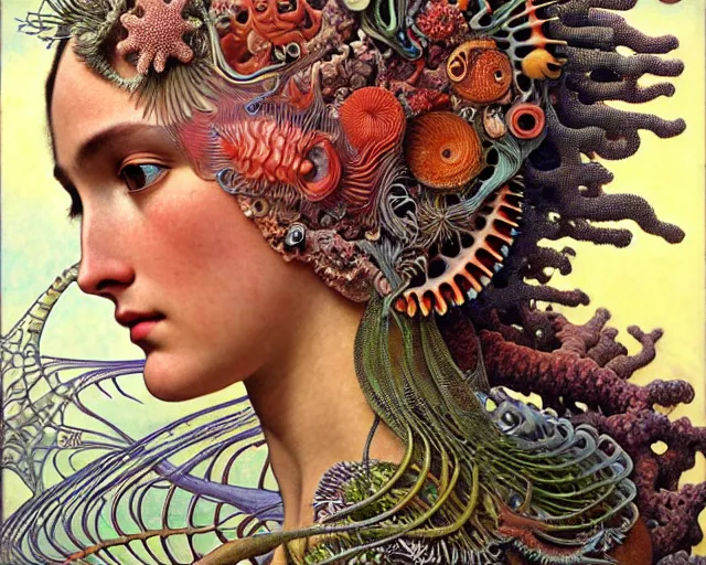 Image similar to hyperrealistic detailed face side portrait of the beautiful goddess of the fish skeletons with an intricate headgear of corals, sea kelp, sea plants, fish, starfish, jellyfish, art by ernst haeckel, john william godward, android jones, alphonso mucha, h. r. giger, gothic - cyberpunk, ornamental, beautiful deep colours,