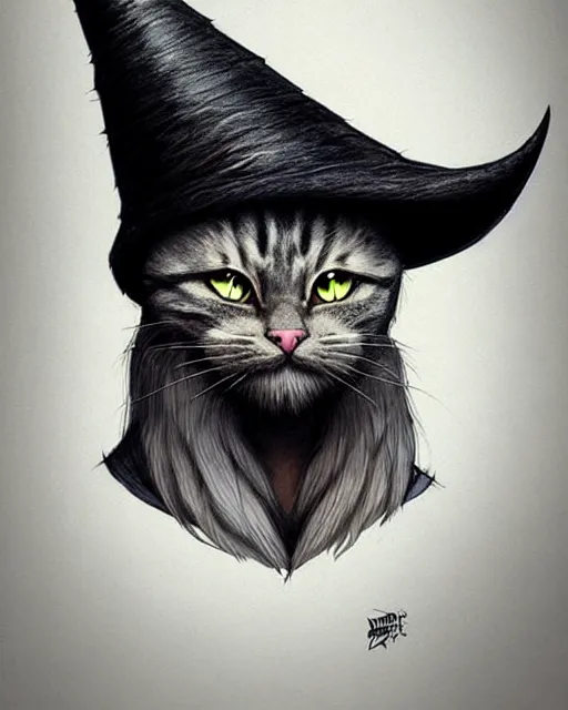 Prompt: A wizard cat, wizard hat, bearded, cat shaped staff, highly detailed, sharp focus, art by Artgerm and Greg Rutkowski and WLOP