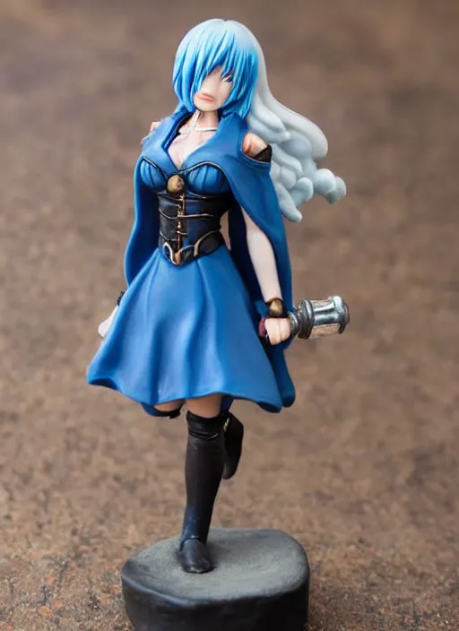 Prompt: 80mm resin detailed miniature of a female alchemist with short blue hair wearing a short dress, white stockings, leather boots and cape, Product Introduction Photos, 4K, Full body