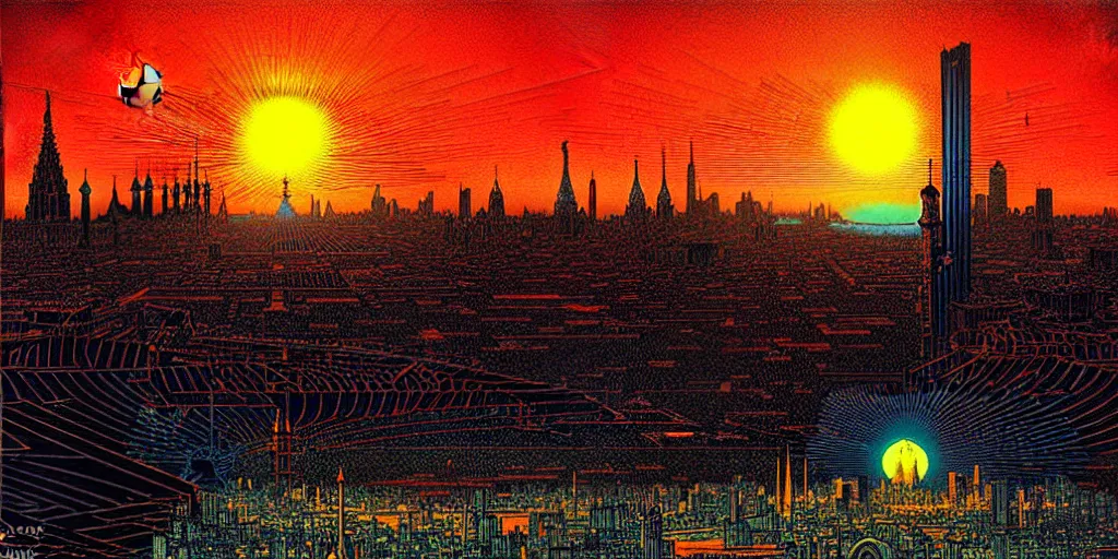 Prompt: A blue sun sinking behind a modern city skyline by Dan Mumford and Alberto Vargas and John Atkinson Grimshaw and Anton Fadeev, black border, vibrant, sunset, art nouveau