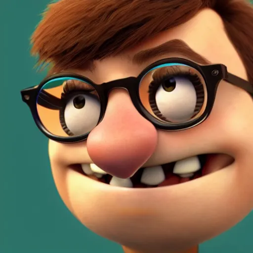 Image similar to close up portrait of a nerd guy happily announce new video, Pixar's Up character, 3D render,youtube thumbnail,flat green screen background,high resolution, high quality, detailed, zootopia, cgsociety,artstation, deviantart