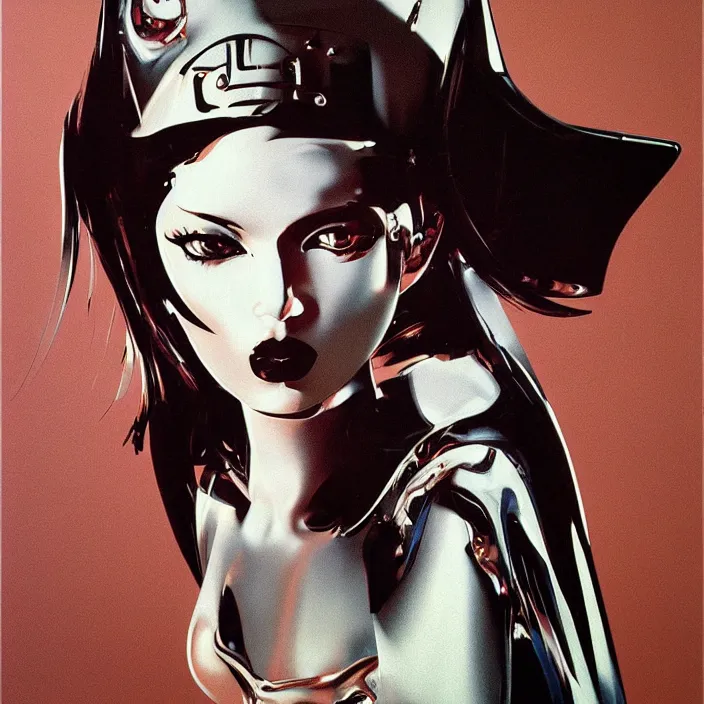 Prompt: metallic portrait of a gothic maiden, hello kitty, sharp focus, futuristic, emo, aerodynamic, feminine, cute, by syd mead
