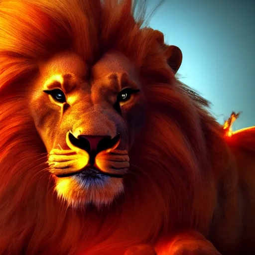 Prompt: fire lion, flaming, detail, unreal engine, cinematic lighting, colorful