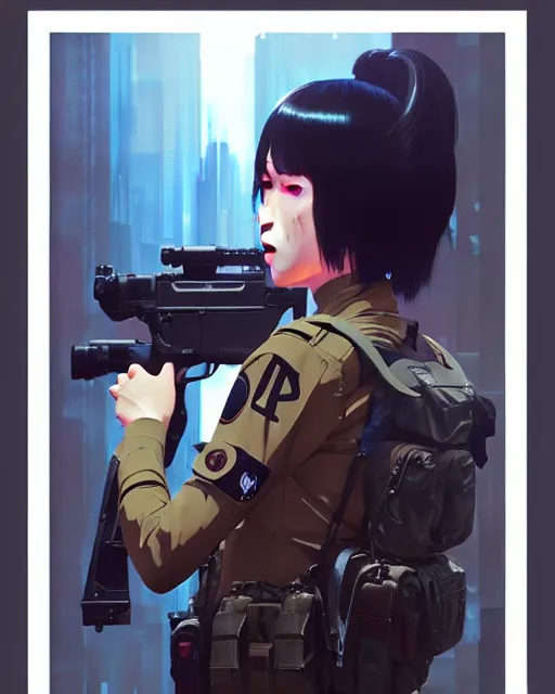 Image similar to girl wearing tactical gear, very anime, fine - face, audrey plaza, realistic shaded perfect face, fine details. anime. realistic shaded lighting poster by ilya kuvshinov katsuhiro otomo ghost - in - the - shell, magali villeneuve, artgerm, jeremy lipkin and michael garmash and rob rey