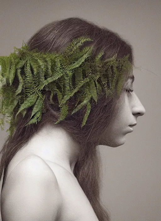 Prompt: a woman's face in profile, long hair made of ferns, in the style of the Dutch masters and Gregory Crewdson, dark and moody