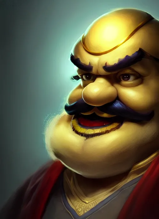 Image similar to portrait of wario from the legend of zelda, intricate, elegant, glowing lights, highly detailed, digital painting, artstation, concept art, sharp focus, illustration, art by wlop, mars ravelo and greg rutkowski