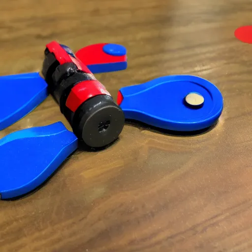 Image similar to photograph of a red and blue bleyblade toy