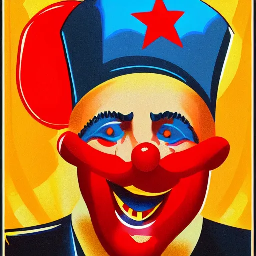 Image similar to champagne communist clown, soviet propaganda, vivid colors, poster art style, detailed image, saturated colors, dominating red, detailer portrait, male face