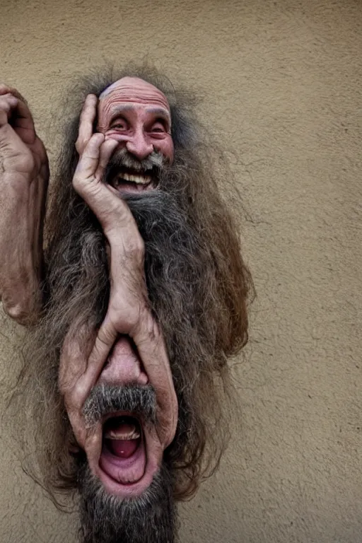 Image similar to a old laughing happy old man with 3 heads and 6 eyes, long hair, long beard, hanging upsidedown by steve mccurry