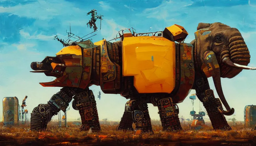 Image similar to an intricate oil painting of a giant south african armored elephant shaped scrap metal mecha by simon stalenhag, yellow, orange and cyan paint decals