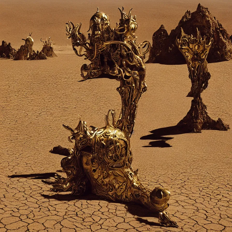 Image similar to portrait of salvador dali wearing a golden horned crown and jewels in a dry sand desert landscape, alien spaceship by giger in the landscape, film still from the movie by alejandro jodorowsky with cinematogrophy of christopher doyle and art direction by hans giger, anamorphic lens, kodakchrome, very detailed photo, 8 k