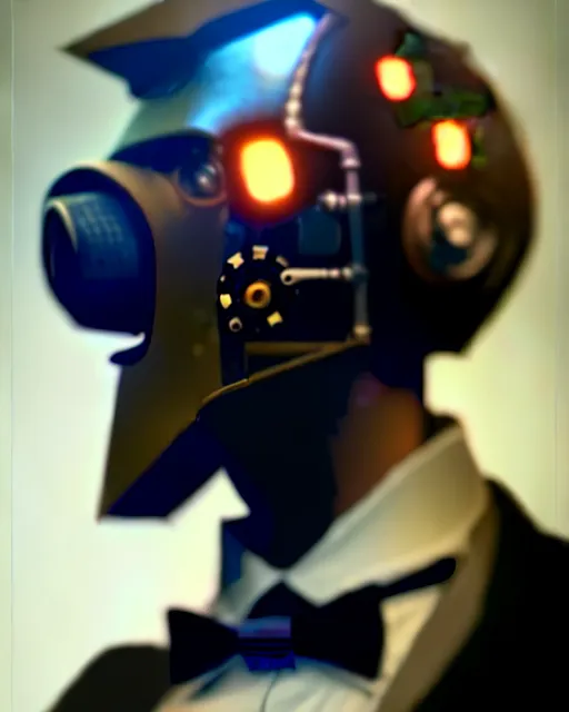 Image similar to a rugged young engineer man with cybernetic enhancements wearing a suit and bowtie, detailed face with mask, scifi character portrait by greg rutkowski, esuthio, craig mullins, 1 / 4 headshot, cinematic lighting, dystopian scifi gear, gloomy, profile picture, mechanical, half robot, implants, steampunk