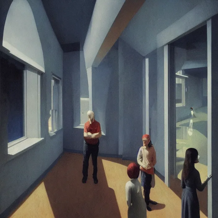 Image similar to fisheye lens, people inside water flooded museum, looking through the window Edward Hopper and James Gilleard, Zdzislaw Beksinski, highly detailed