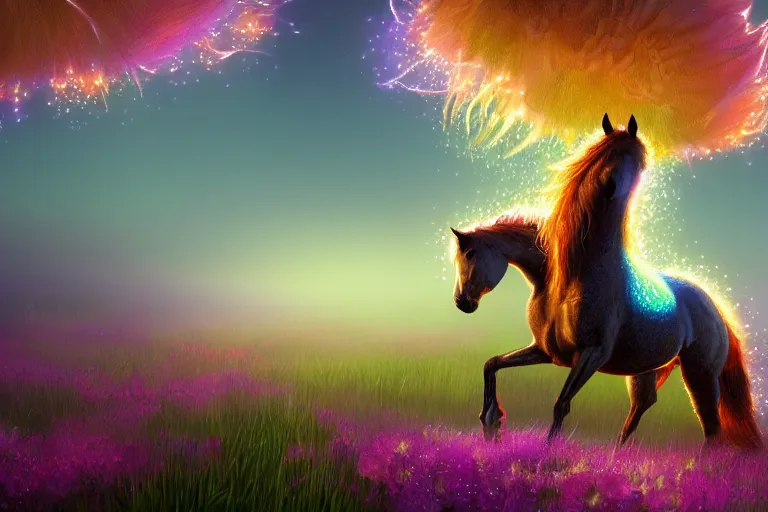 Image similar to a stunning digital painting of a horse with a mane of bioluminescent flowers running through a field of flowers by eddie mendoza, flowerpunk, volumetric light, digital art, fine detail, photorealistic