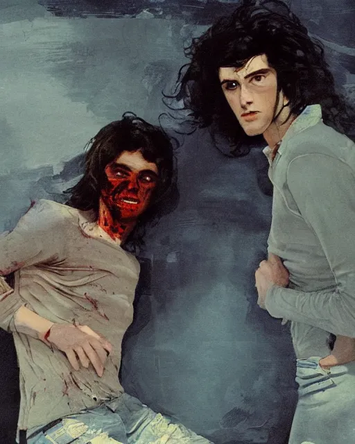 Prompt: two handsome but sinister young men in layers of fear, with haunted eyes and wild hair, 1 9 7 0 s, seventies, wallpaper, a little blood, moonlight showing injuries, delicate embellishments, painterly, offset printing technique, by coby whitmore