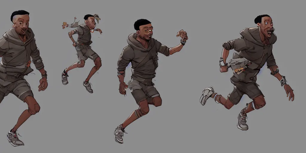 Image similar to cartoonish will smith running, character sheet, fine details, concept design, contrast, kim jung gi, greg rutkowski, trending on artstation, 8 k, full body, turnaround, front view, back view, ultra wide angle