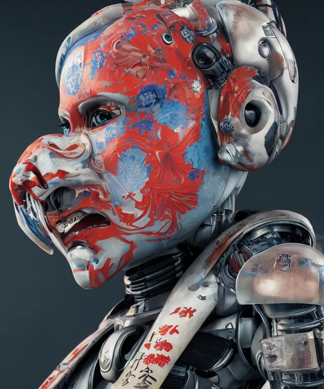 Image similar to an epic fantastic realism comic book style portrait painting of a japanese robotic geisha with kanji tattoos and decals, apex legends, octane render, intricate detail, 4 k hd, unreal engine 5, ex machina, irobot