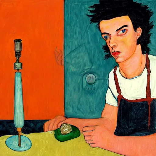 Image similar to a wide angle fine art painting of man with black hair using a weed grinder, rolling papers and a table lamp, high contrast, inspired by the styles of wes anderson, and egon schiele and ( edward hopper ), toned orange and pastel pink