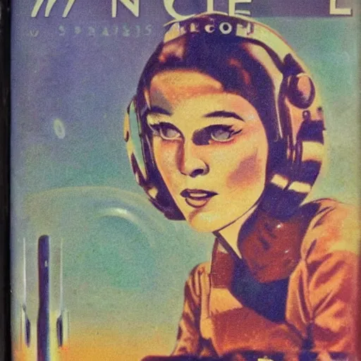 Prompt: vintage sci-fi book cover, high detail, portrait of a beautiful woman, film grain