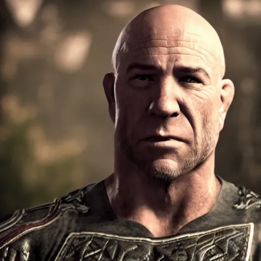 Image similar to character screenshot of ufc president dana white, villain, skyrim boss, wilderness, 1 0 8 0 p, bokeh, elder scrolls v, detailed, dialog text