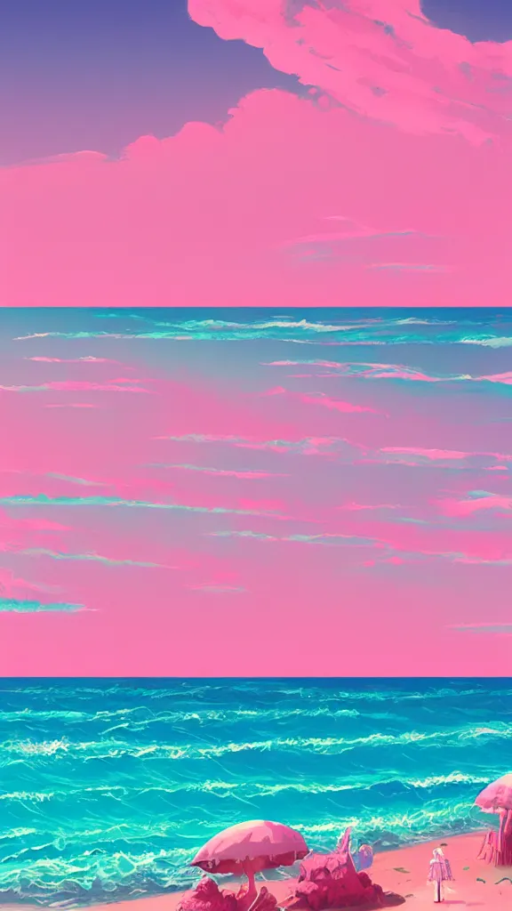 Image similar to beautiful beach horizon view of the tropical pink ocean on an alien planet, pink vaporwave ocean, clear sky, planet in space over the horizon, trending on artstation, digital art by hayao miyazaki, studio ghibli style