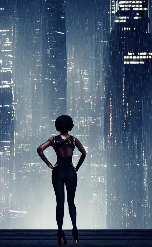 Image similar to an elegant Black woman in dress and heels, her back is to us, looking at a futuristic Blade Runner city, 8K