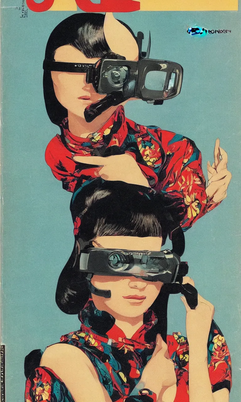 Image similar to 1979 OMNI Magazine Cover depicting a portrait of a Beautiful woman wearing a Gucci kimono and AR goggles, qAkira style by Vincent Di Fate