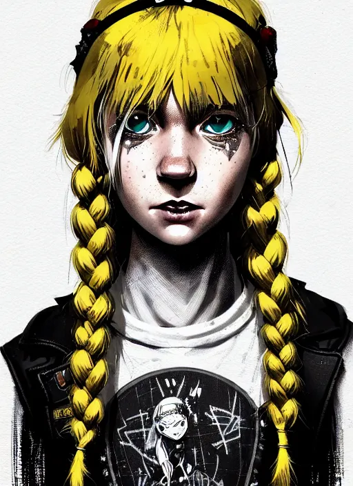 Image similar to highly detailed closeup portrait of a sewer punk pretty swedish female road warrior student, tartan garment, blonde hair pigtails with headband by atey ghailan, by greg rutkowski, by greg tocchini, by james gilleard, by joe fenton, by kaethe butcher, gradient yellow, black, brown and white color scheme, grunge aesthetic!!! white graffiti tag wall background