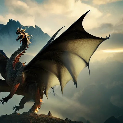 Image similar to giant majestic epic dragon on a mountain between the clouds, epic, volumetric light, volumetric fog, extreme details, 8 k, artstation