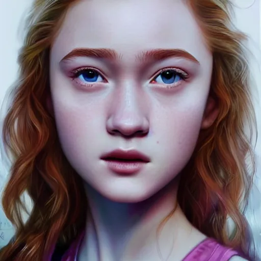 Image similar to portrait of a hybrid of julia garner and sadie sink, photo realistic, highly detailed, perfect face, art by artgerm