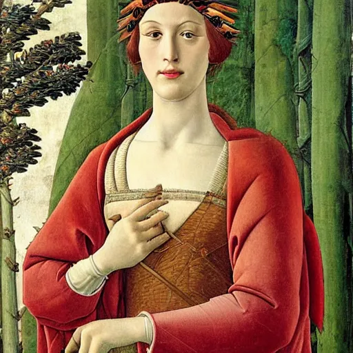 Image similar to portrait of tyrannosaurus dressed as an italian queen, painting by botticelli