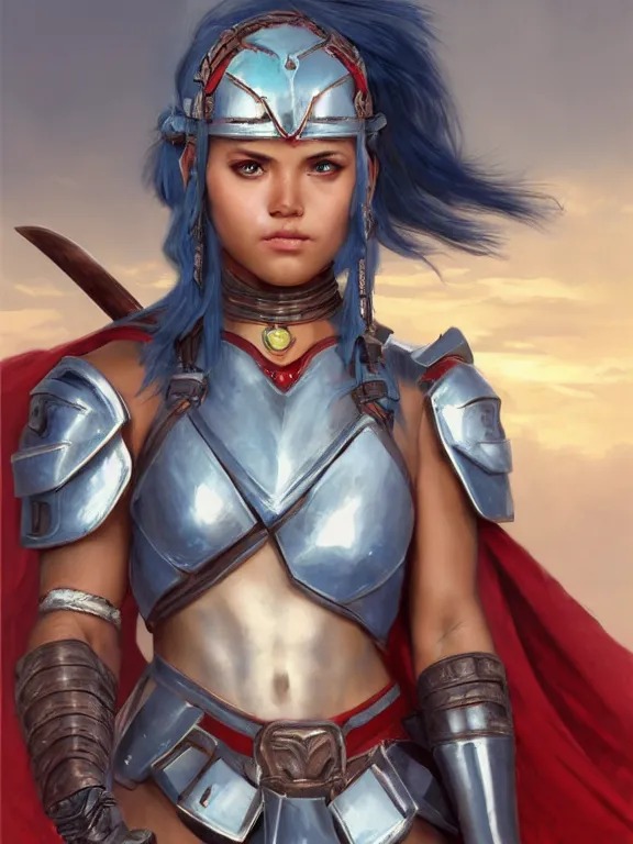 Prompt: frontview portrait of gladiator warrior lady, young, beautiful, dark skin, light blue hair, ponytail, big open green eyes, cute, red heavy armor, axes, posing, coliseum background, love interest, romantic, highly detailed, smooth, sharp focus, digital painting, by artgerm and greg rutkowski and alphonse mucha