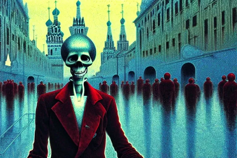 Image similar to realistic detailed photorealistic film closeup portrait shot of a single skeleton wearing crimson velvet blazer in a crowded futuristic moscow street by Denis Villeneuve, Amano, Yves Tanguy, Alphonse Mucha, Ernst Haeckel, Andrei Tarkovsky, Edward Robert Hughes, Roger Dean, rich moody colours, wide angle, blue eyes