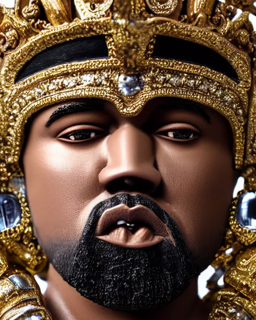 Image similar to highly detailed closeup, face profile portrait of a tin toy kanye west as a fairytale king wearing a crown and sitting on a throne, robes, depth of field, nicoletta ceccoli, mark ryden, lostfish, max fleischer, breathtaking, detailed and intricate environment, 8 k resolution, hyperrealistic, octane render