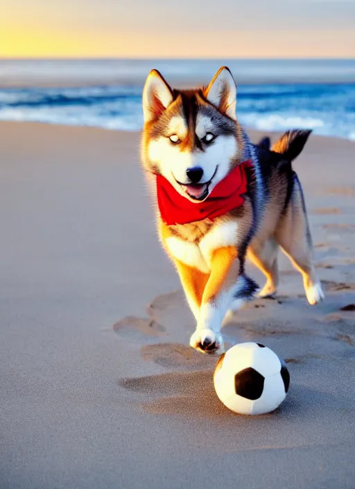 Image similar to a playful caramel husky wearing a red bandana, playing soccer on the beach, Golden hour, bokeh , 4k