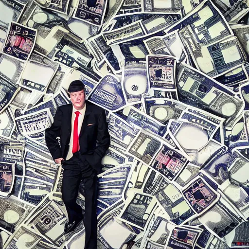 Prompt: stunning beautiful photography of Mike Blazer like a boss under the rain of 100 us dollar bills, from a Times magazine award winning, dramatic lighting, taken with Sony alpha 9, sigma art lens