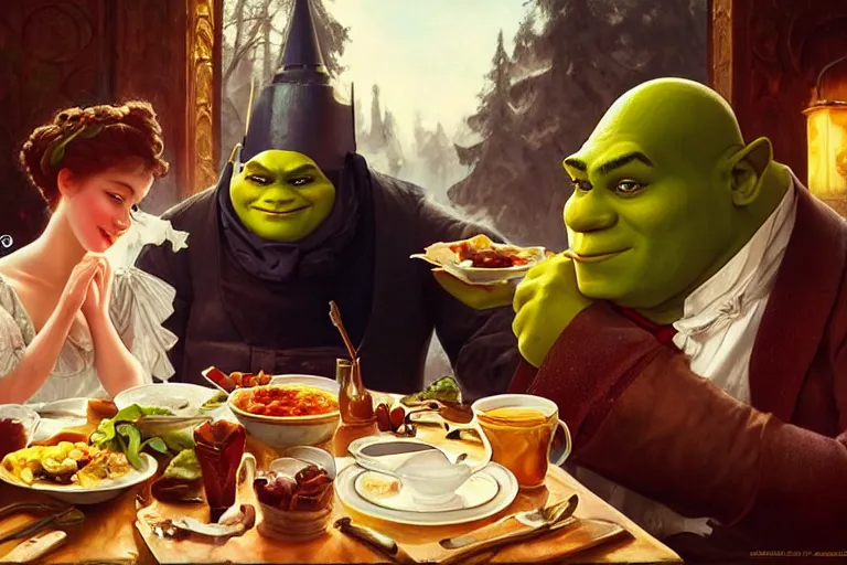 Prompt: russian poet alexander pushkin and shrek having breakfast together, portrait, highly detailed, digital painting, artstation, concept art, smooth, sharp focus, illustration, cinematic lighting, art by artgerm and greg rutkowski and alphonse mucha