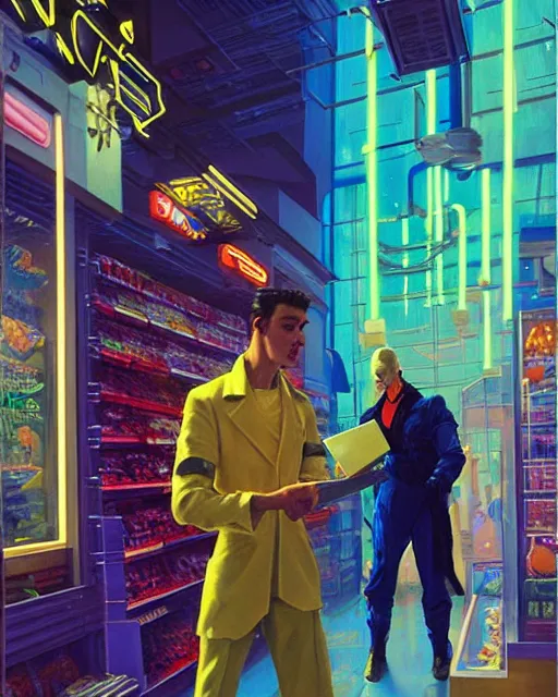 Image similar to cyberpunk man shopping at a neon soaked grocery store, science fiction painting, elegant intricate digital painting artstation, art by coby whitmore and gil elvgren, detailed