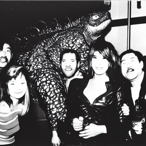 Prompt: extremely realistic toho godzilla partying at studio 5 4 b & w grainy photograph lots of celebrities including andy warhol