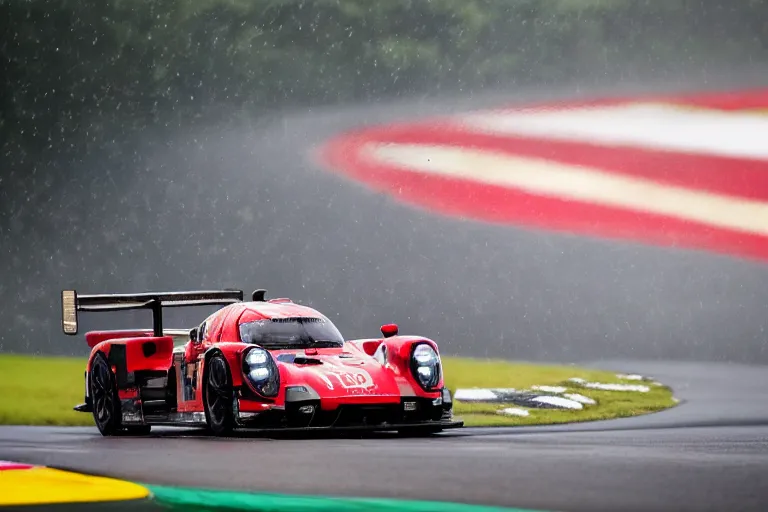 Image similar to beautiful, japanese art of the porsche 9 1 9 in heavy rain at circuit de spa - francorchamps, 8 k