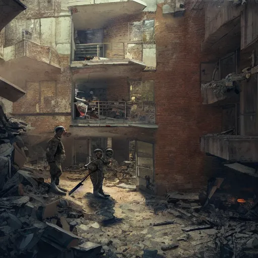 Prompt: American soldiers entering the ruins of an apartment, cinematic, professional photography, low-angle, behance, digital art, WLOP, Mandy Jurgens, ArtStation